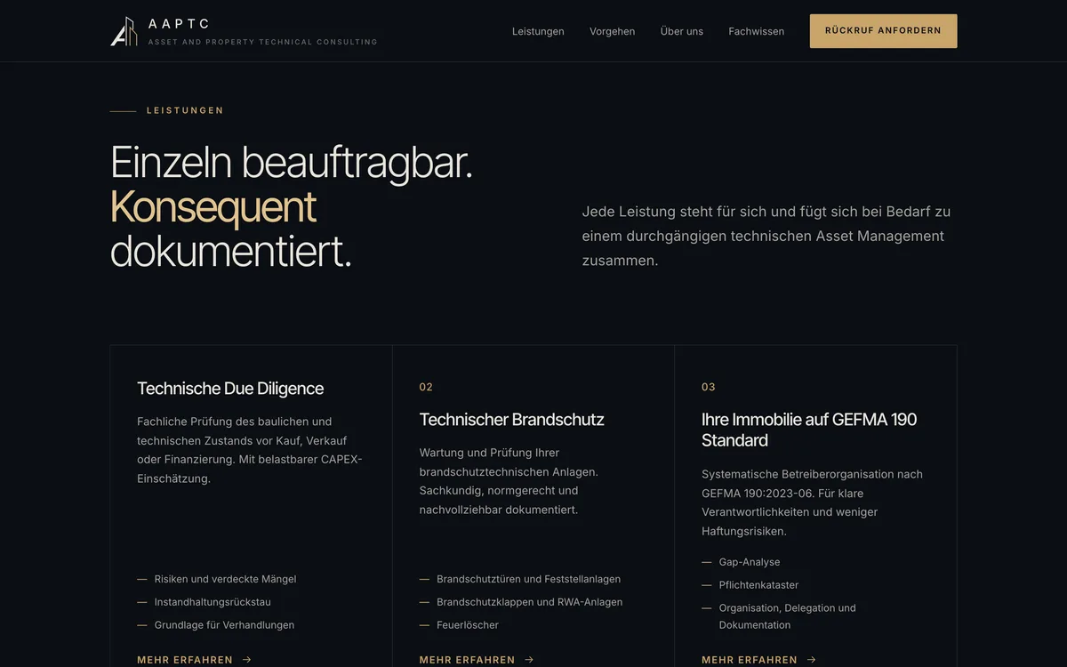 Abschnitt „Einzeln beauftragbar. Konsequent dokumentiert.“ mit den ersten drei Leistungen: Technische Due Diligence, Technischer Brandschutz und GEFMA 190.