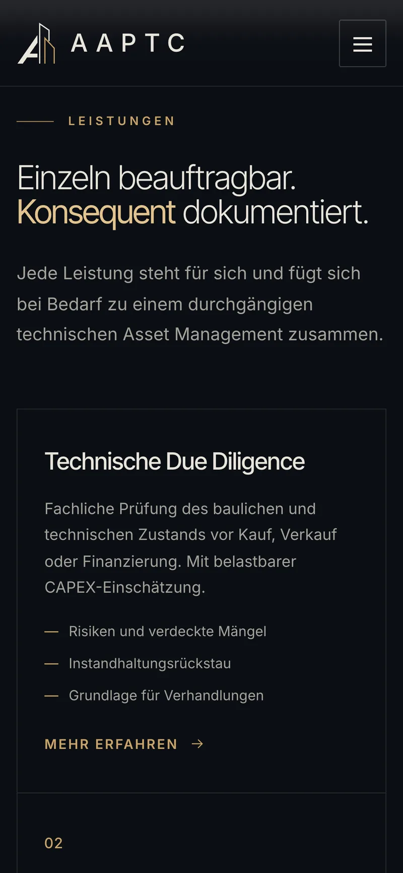 Leistungen auf dem Smartphone, beginnend mit der Technischen Due Diligence.