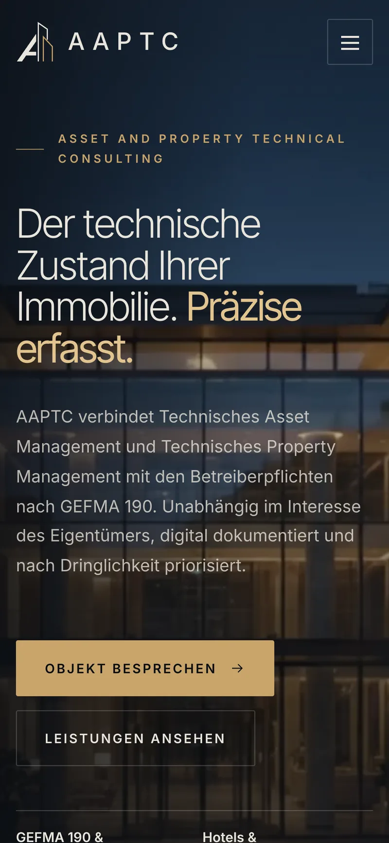 Startseite von AAPTC auf dem Smartphone mit Überschrift und den Knöpfen „Objekt besprechen“ und „Leistungen ansehen“.