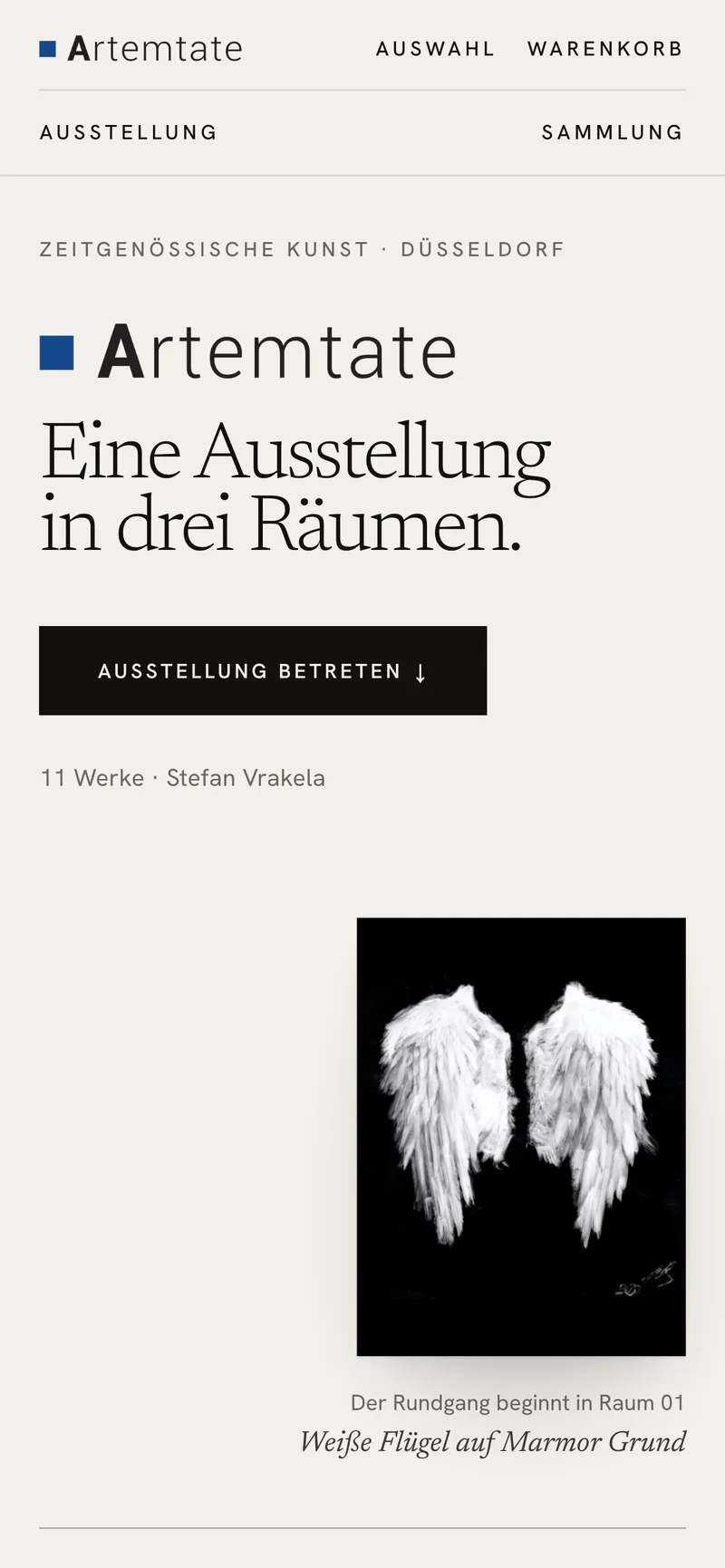 Startseite von Artemtate auf dem Smartphone mit Logo, Überschrift und dem Knopf „Ausstellung betreten“.