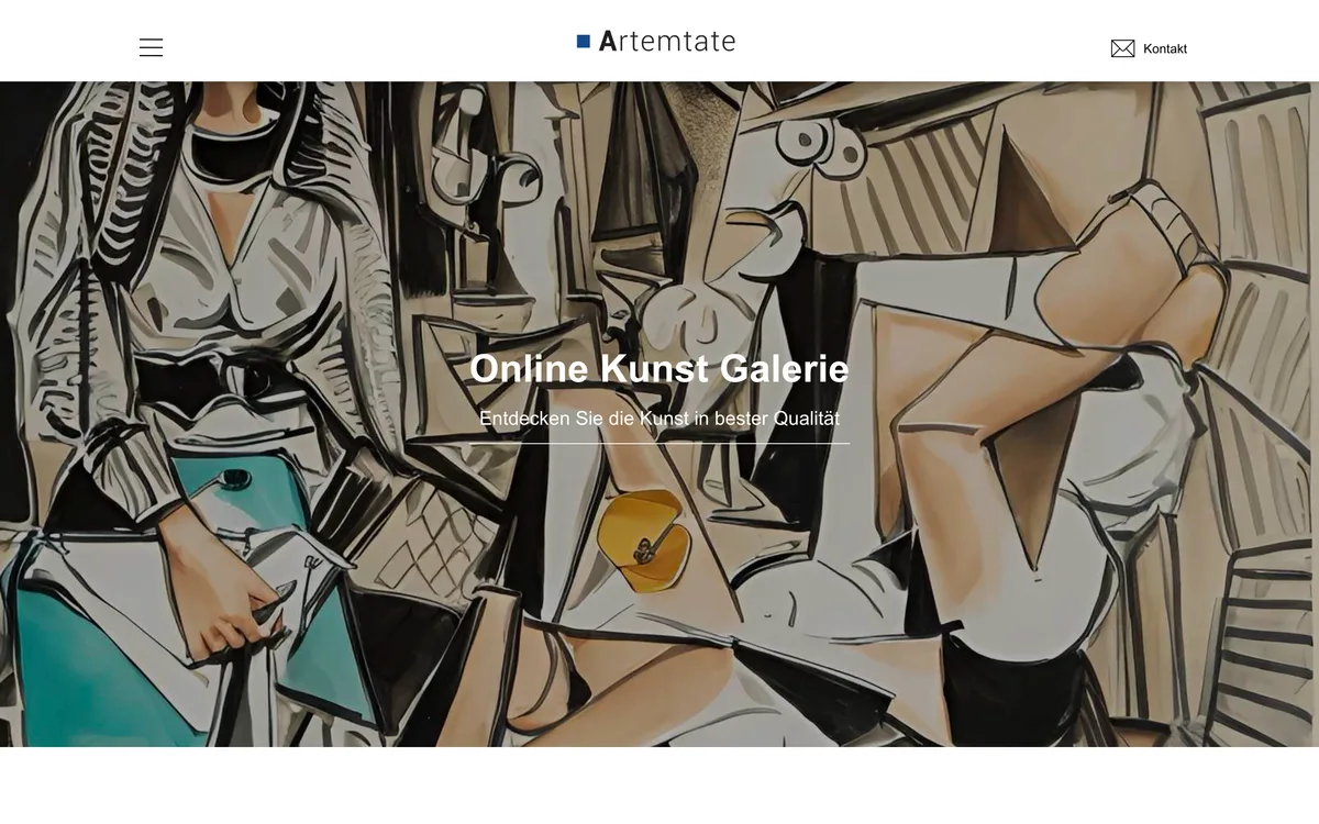 Frühere Startseite unter artemtate.com: ein großes, abgedunkeltes Gemälde im kubistischen Stil, darüber „Online Kunst Galerie“ und „Entdecken Sie die Kunst in bester Qualität“.