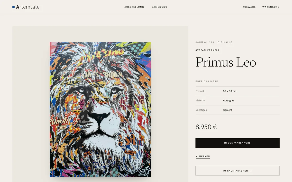 Werkseite „Primus Leo“: links das farbige Löwenporträt, rechts Format, Material, Preis, „In den Warenkorb“ und „Im Raum ansehen“.