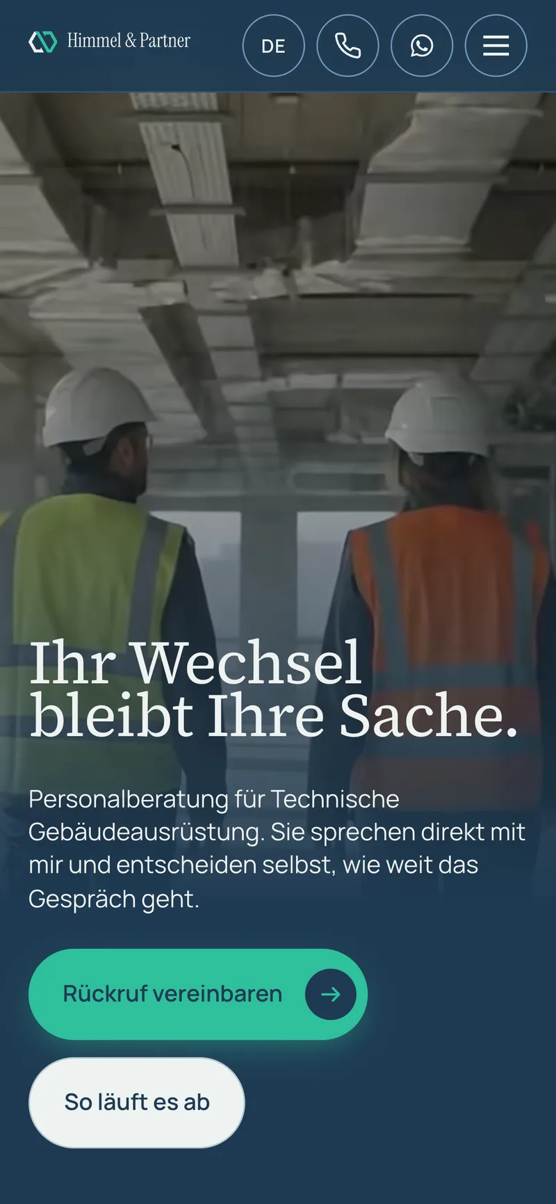 Startseite von Himmel & Partner auf dem Smartphone mit Überschrift und Knopf „Rückruf vereinbaren“.