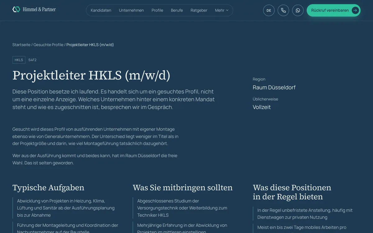 Profilseite „Projektleiter HKLS (m/w/d)“ für den Raum Düsseldorf mit Angaben zu typischen Aufgaben, Anforderungen und dem, was die Position in der Regel bietet.